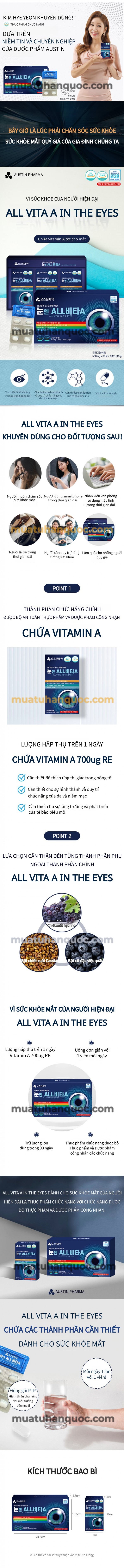 Viên Uống Austinpharm All Vita A For Eyes
Cải thiện, duy trì chứ năng của da và viêm mạc, cần thiết cho sự tăng trưởng và phát triển của tế bảo biểu mô.
Sản phẩm uy tín, chất lượng tại: Mua từ Hàn Quốc.